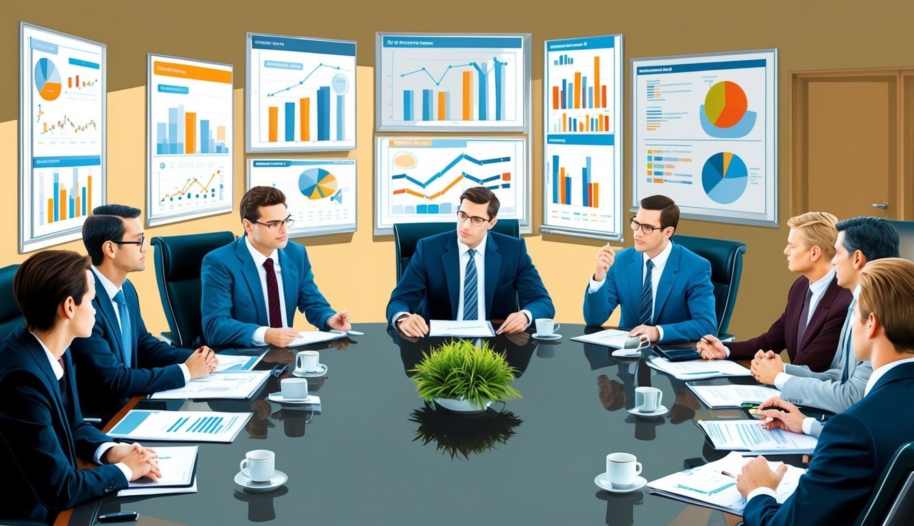 A boardroom table with executives discussing options, charts and graphs on the wall, brainstorming session in progress