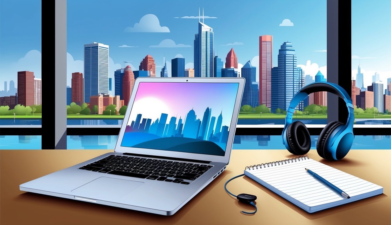 A laptop, headphones, and a notepad on a desk with a city skyline in the background