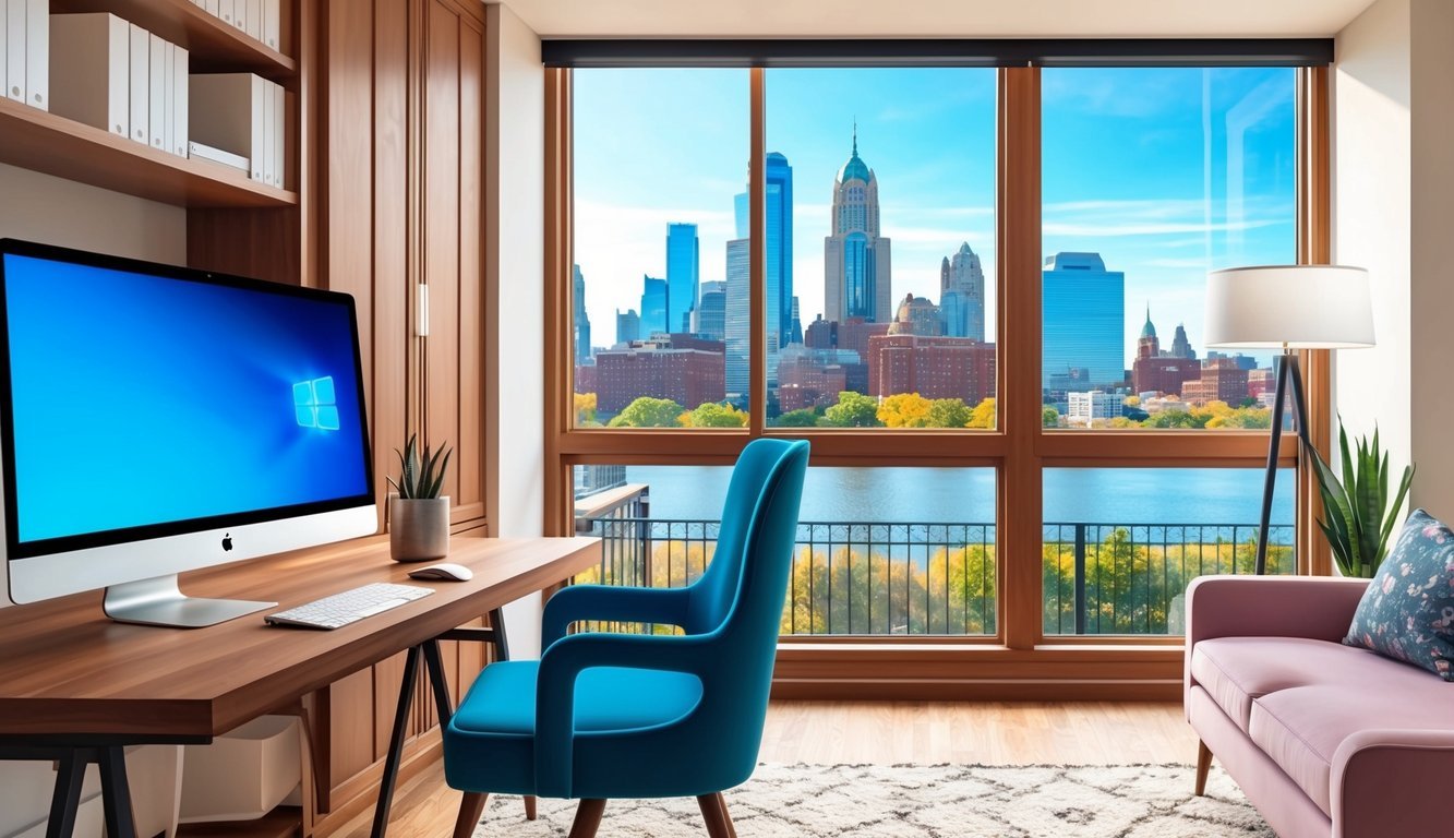 A cozy home office with a computer, desk, chair, and a view of the Philadelphia skyline through a large window