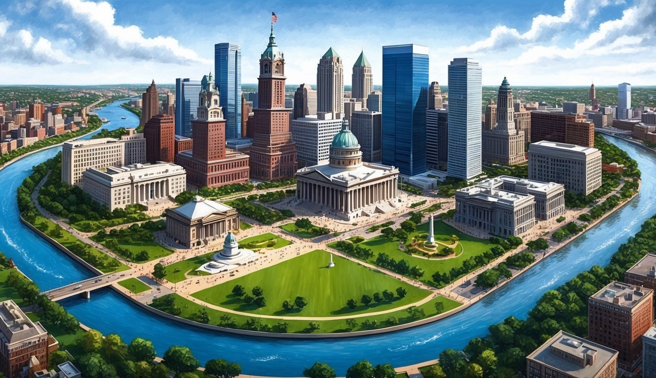 A bustling cityscape with iconic Philadelphia landmarks and modern office buildings, surrounded by green parks and flowing rivers