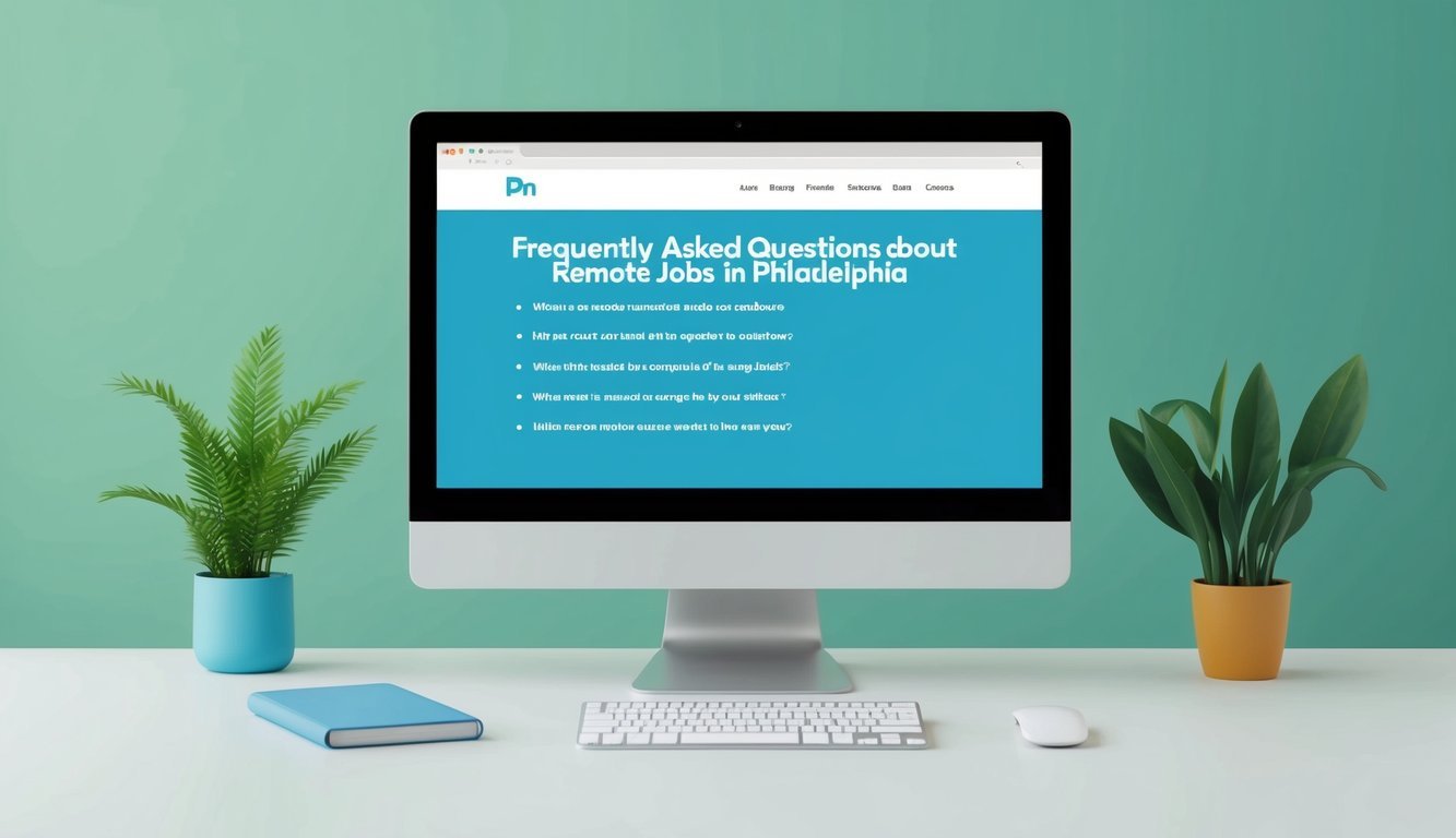 A computer screen displaying a webpage with a list of frequently asked questions about remote jobs in Philadelphia