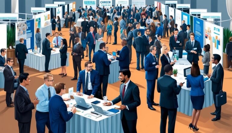 Business professionals networking and interacting at a career fair with booths