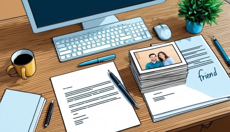 Desk with computer, photos, documents, pens, coffee, and a plant