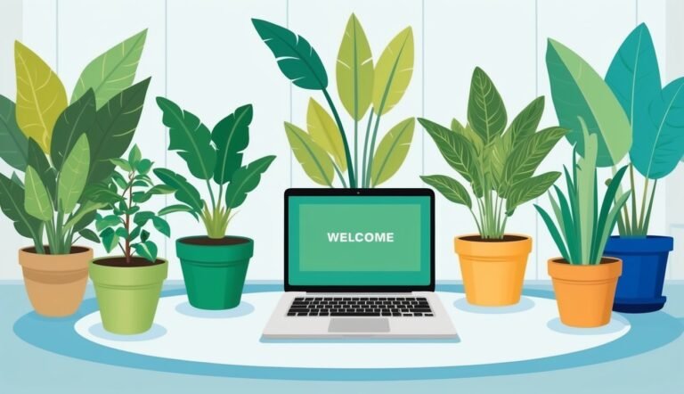 Laptop with "WELCOME" on screen surrounded by potted plants