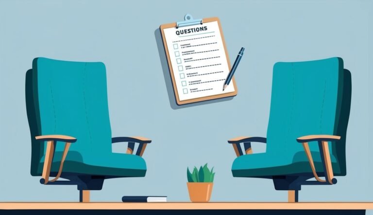 Two chairs face a clipboard with questions, a pencil, and a plant