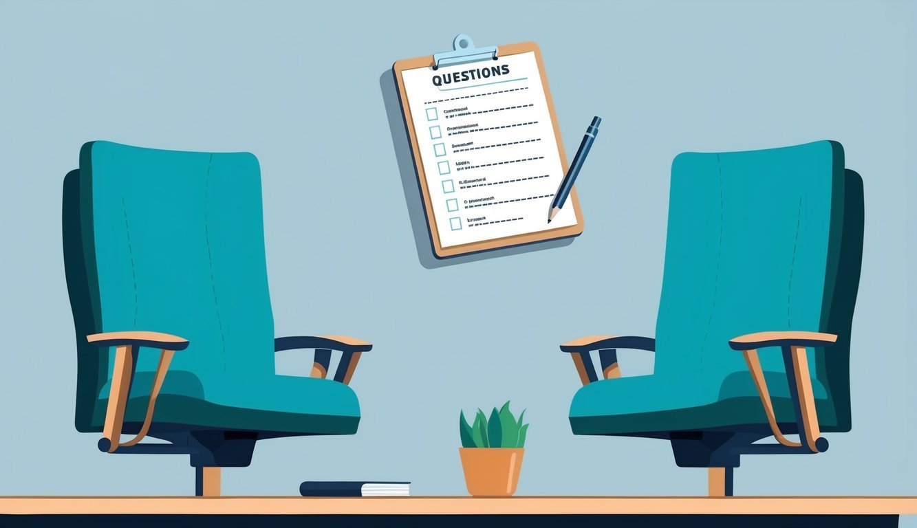 Two chairs face a clipboard with questions, a pencil, and a plant