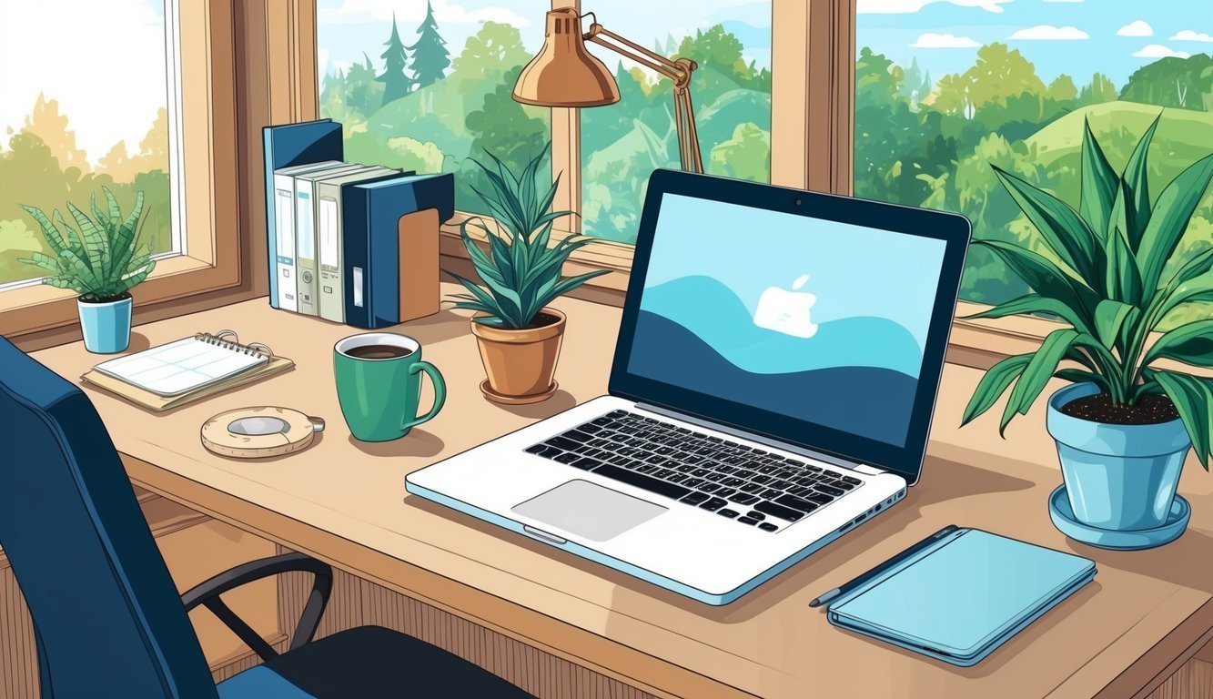 Laptop on a desk with plants, coffee, and a window view