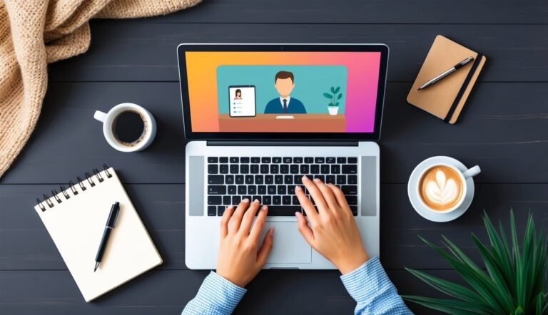 Person on a video call using a laptop on a desk with coffee and notepad