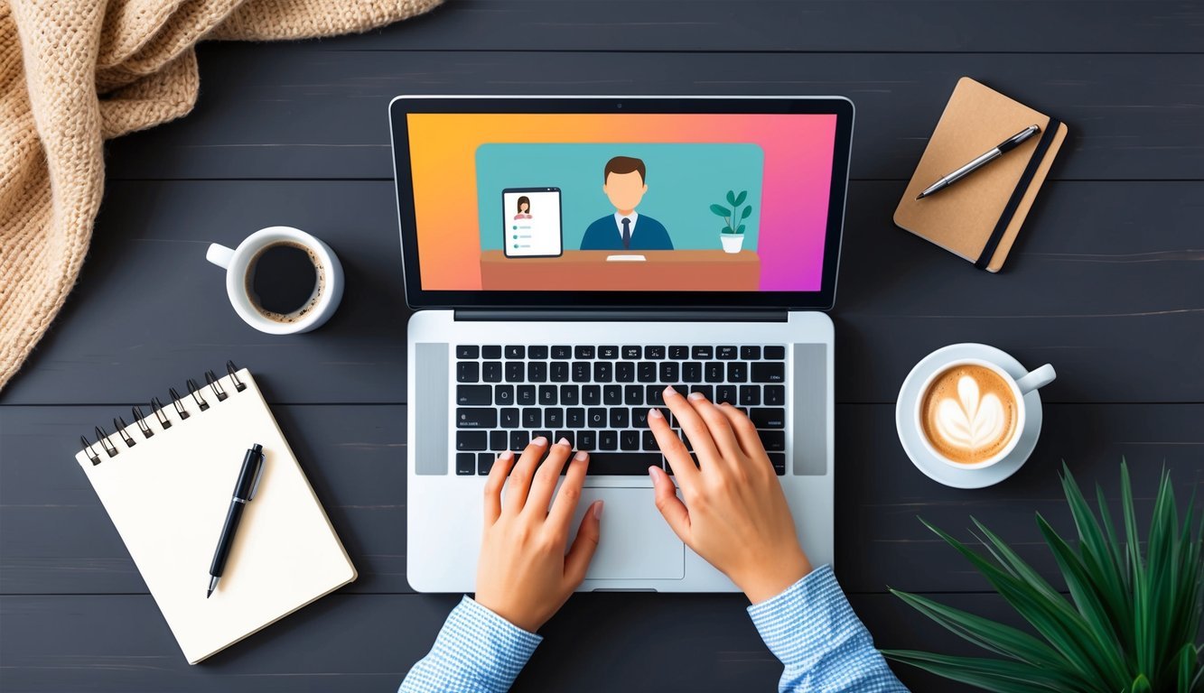 A laptop surrounded by a cozy home office setup, with a cup of coffee and a notepad, displaying a virtual job interview on the screen