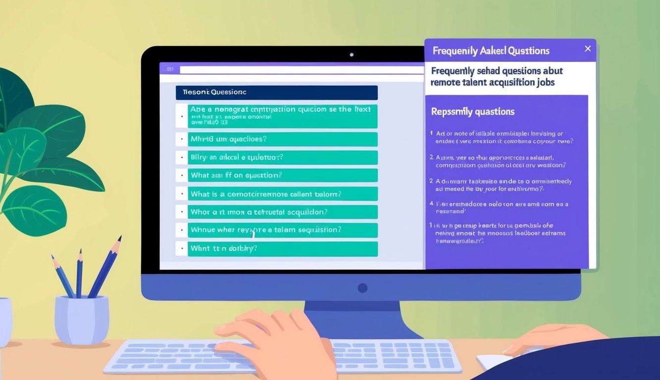 A computer screen displaying a list of frequently asked questions about remote talent acquisition jobs, with a person typing on a keyboard nearby