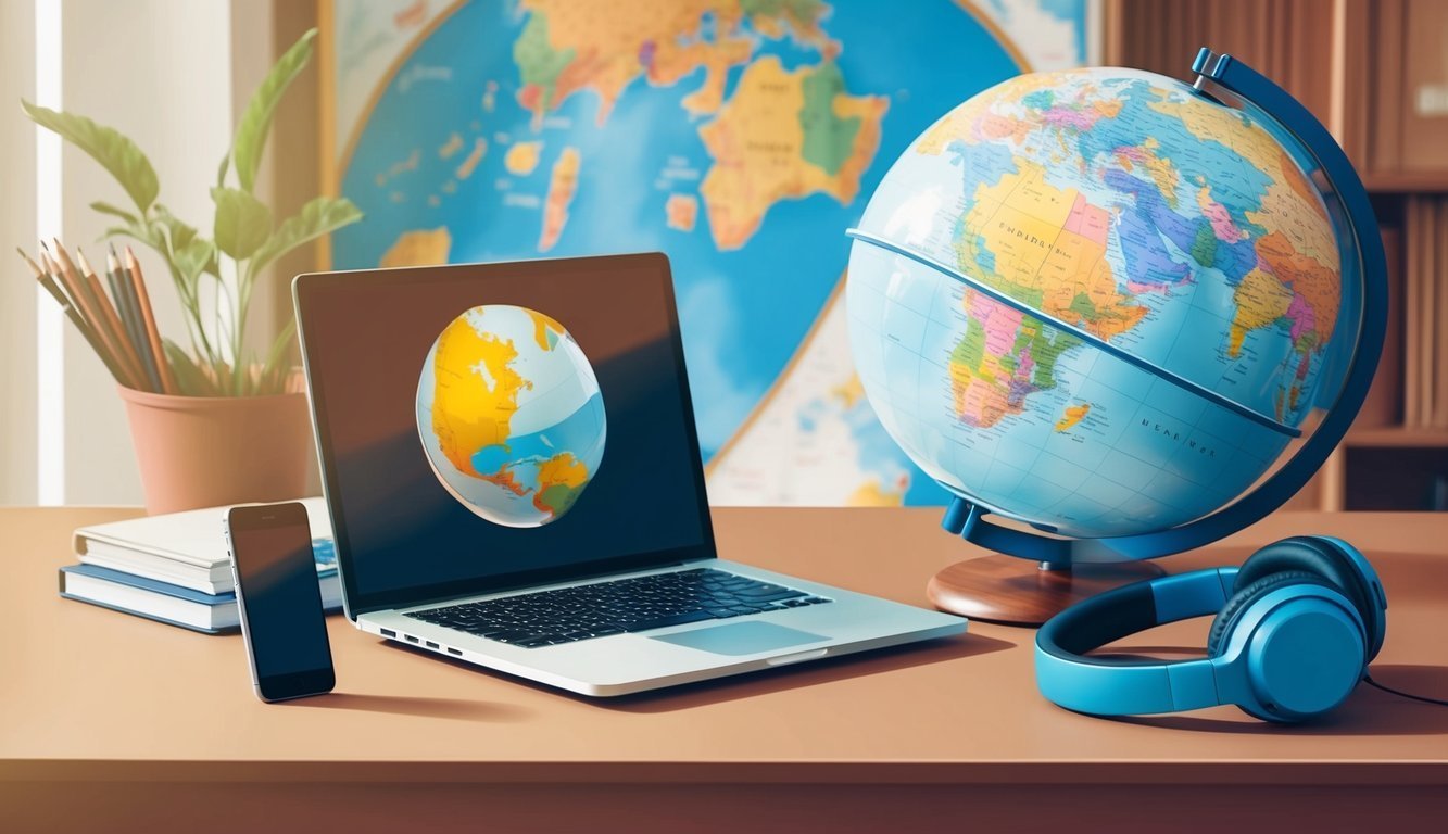 Laptop, globe, and headphones on a desk with a world map background