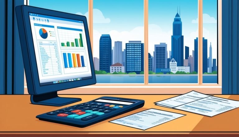 Computer with graphs, calculator, and documents on a desk with city view