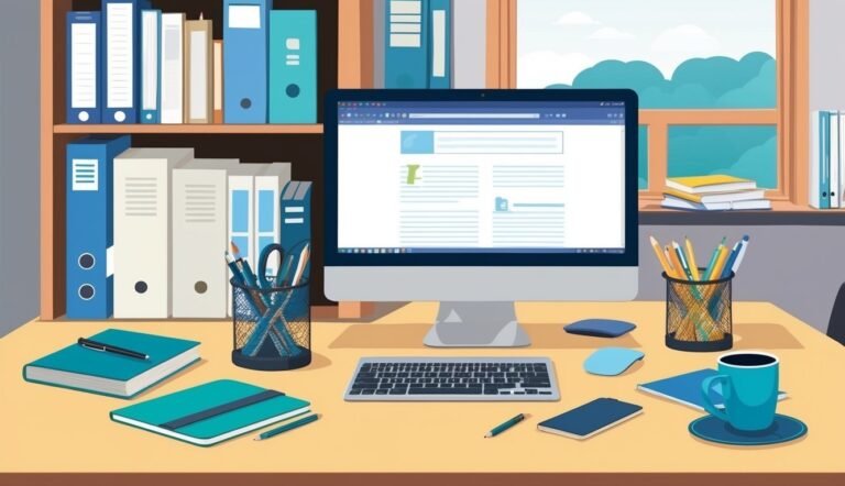 Office desk with computer, notebooks, pens, and a cup of coffee