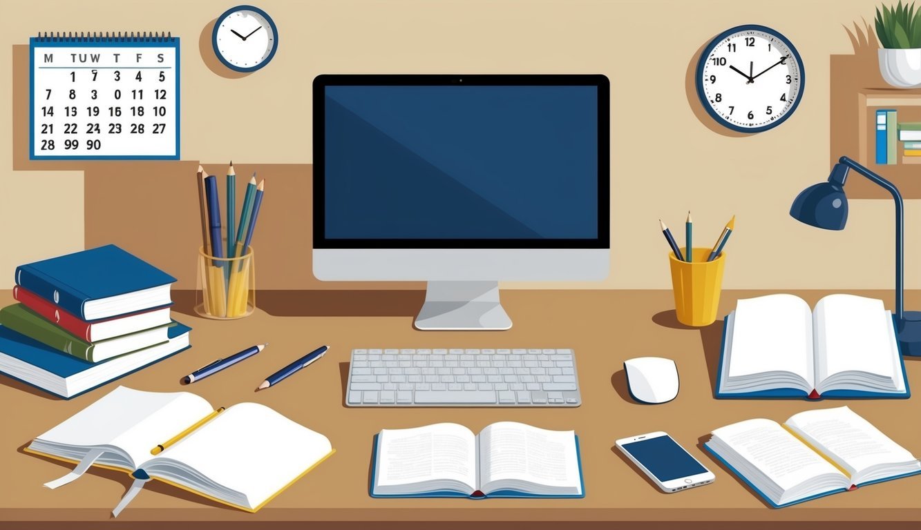 A desk with a computer, notebook, and pen.</p><p>A calendar and clock on the wall.</p><p>Open books and papers scattered around