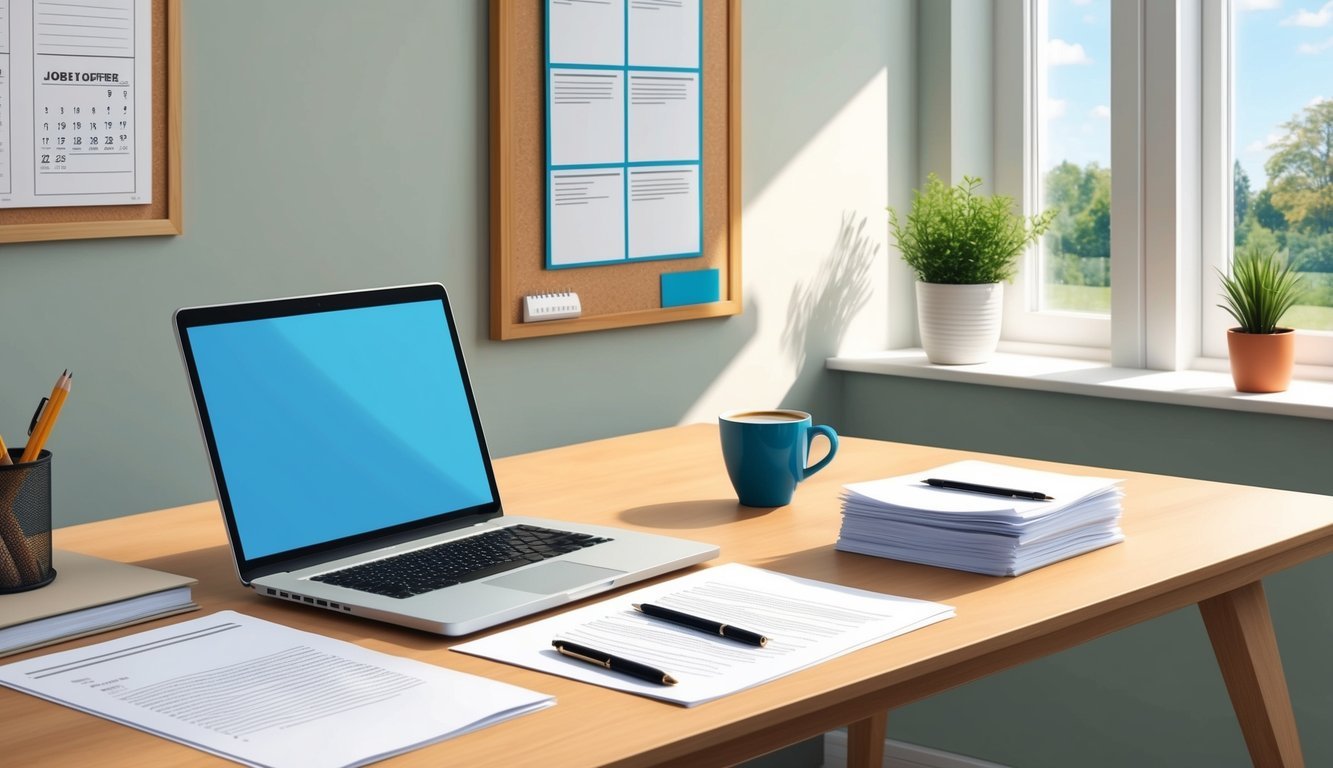 A laptop on a desk with a stack of papers, a pen, and a cup of coffee.</p><p>A bulletin board with job postings and a calendar.</p><p>A cozy home office setting with natural light