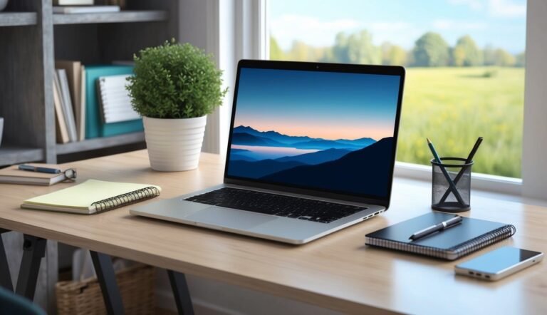Laptop on desk with plant, notepad, and pencils by a window