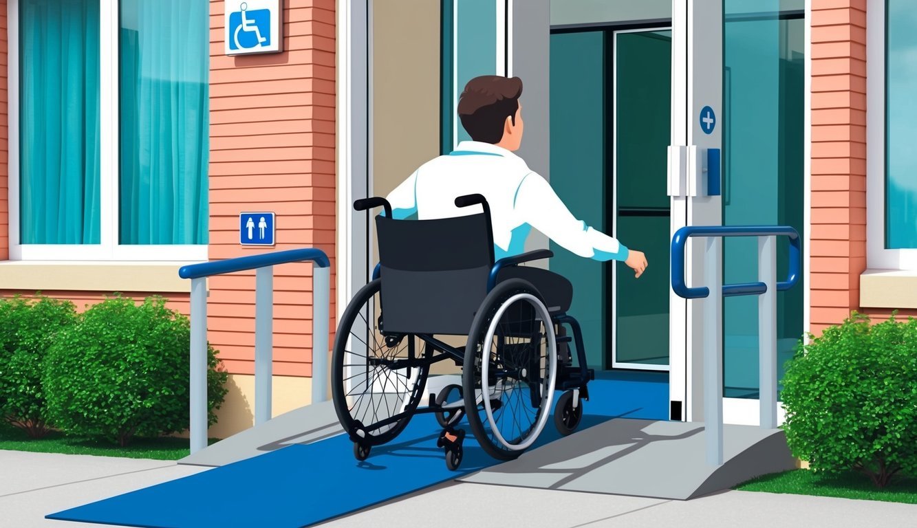 A person in a wheelchair entering a building with a ramp and automatic door, with a sign indicating accessibility features