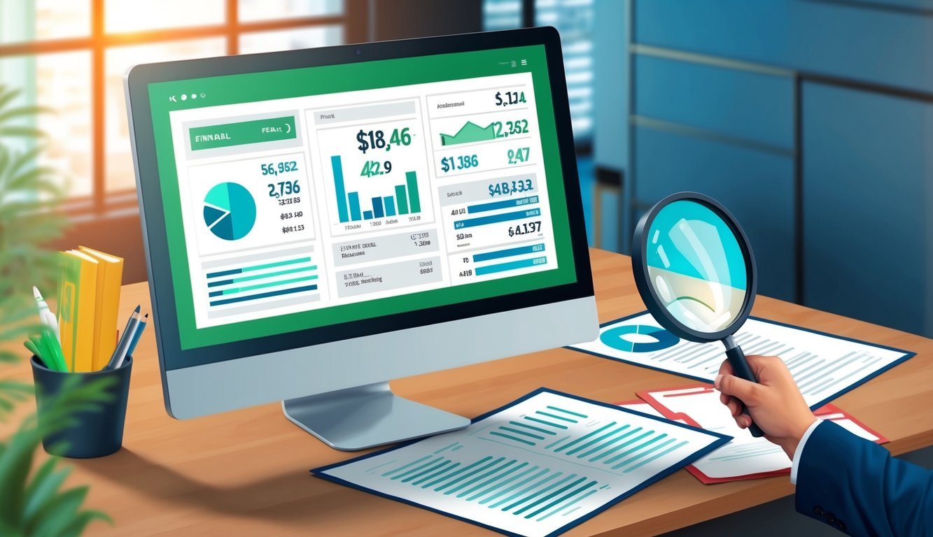 A computer screen showing financial data, with a magnifying glass and documents nearby