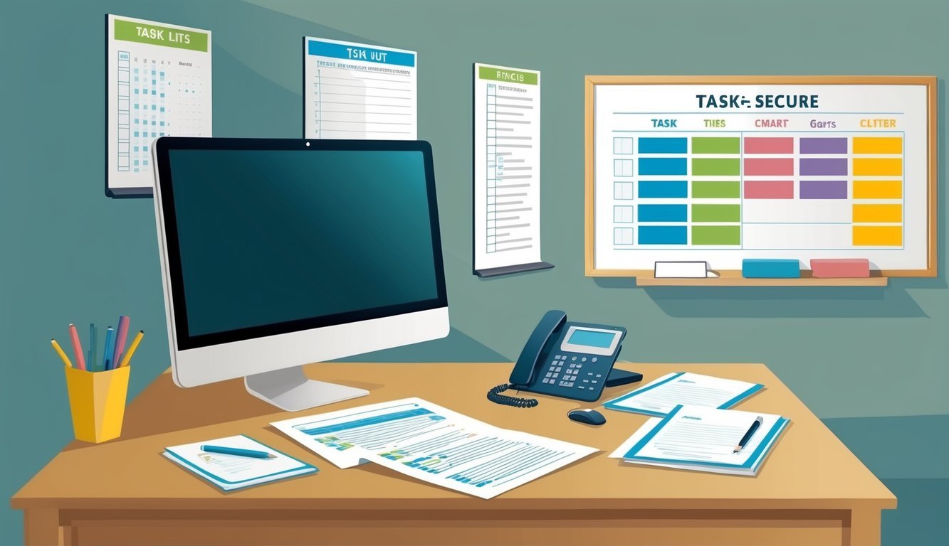 A desk with a computer, phone, and paperwork.</p><p>A wall-mounted whiteboard displays task lists and charts.</p><p>A safe and secure environment