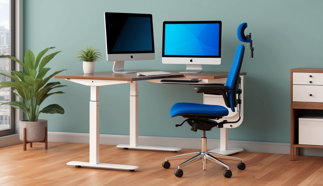 An office desk with an adjustable height chair and a computer monitor with accessibility features