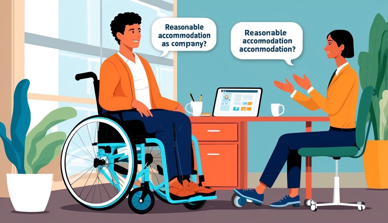 A person in a wheelchair talking to a company representative about reasonable accommodation