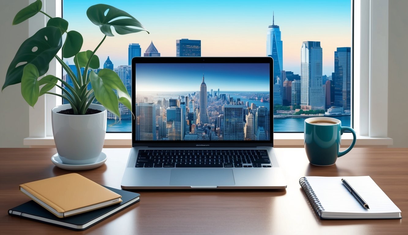 A laptop surrounded by a coffee mug, notebook, and houseplant on a desk with a window showing a city skyline in the background