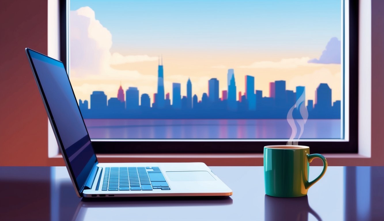 A laptop and coffee mug sit on a desk with a view of a city skyline through a window