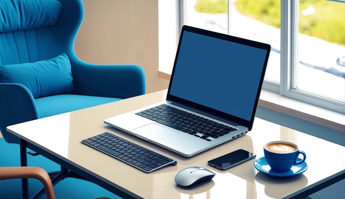 A laptop with a keyboard and mouse on a desk with a cup of coffee, surrounded by a comfortable chair and a window with a view