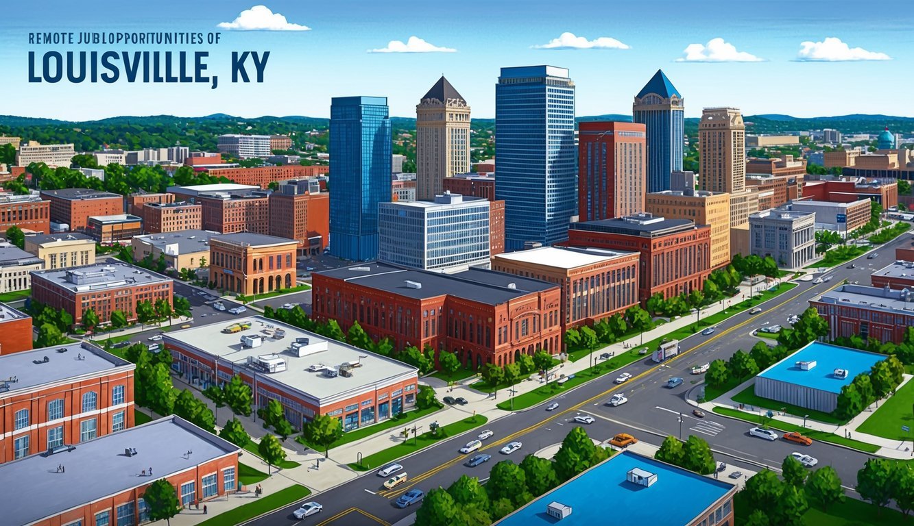 A bustling cityscape with remote job opportunities, showcasing the vibrant culture and employment value of Louisville, KY