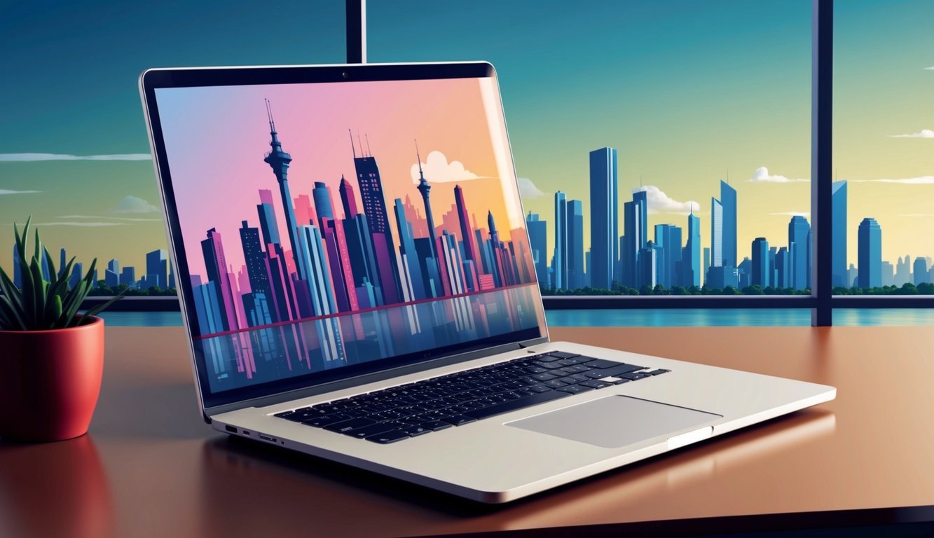 A laptop on a desk with a city skyline in the background