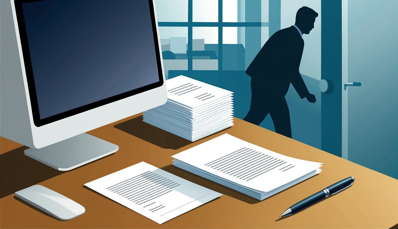 Office desk with computer, papers, pen, and a man leaving the room