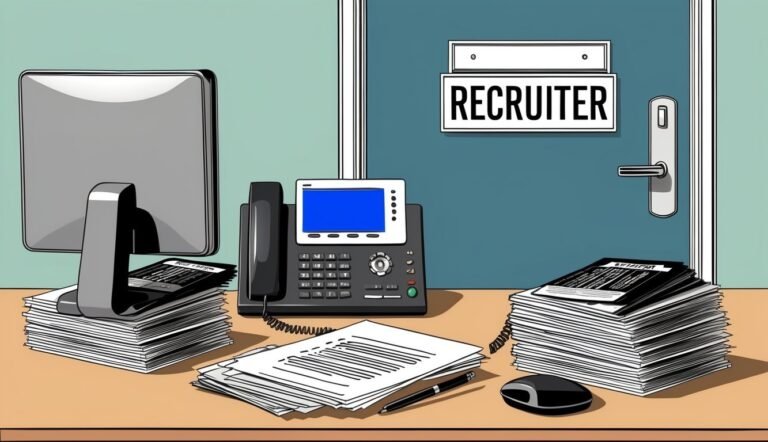 Recruiter's office with computer, phone, and stacks of paperwork on desk