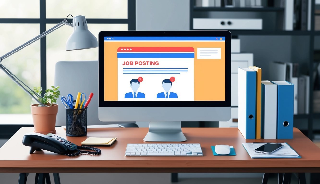 A desk with a computer, phone, and various office supplies.</p><p>A job posting on the screen