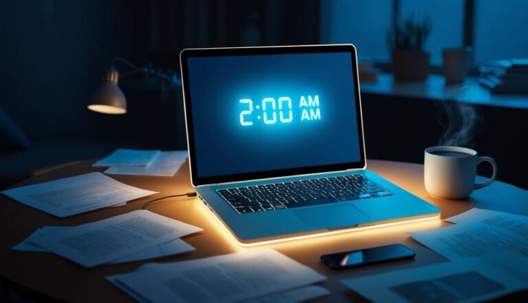 Laptop displaying 2:00 AM, papers, coffee cup, and lamp on a desk