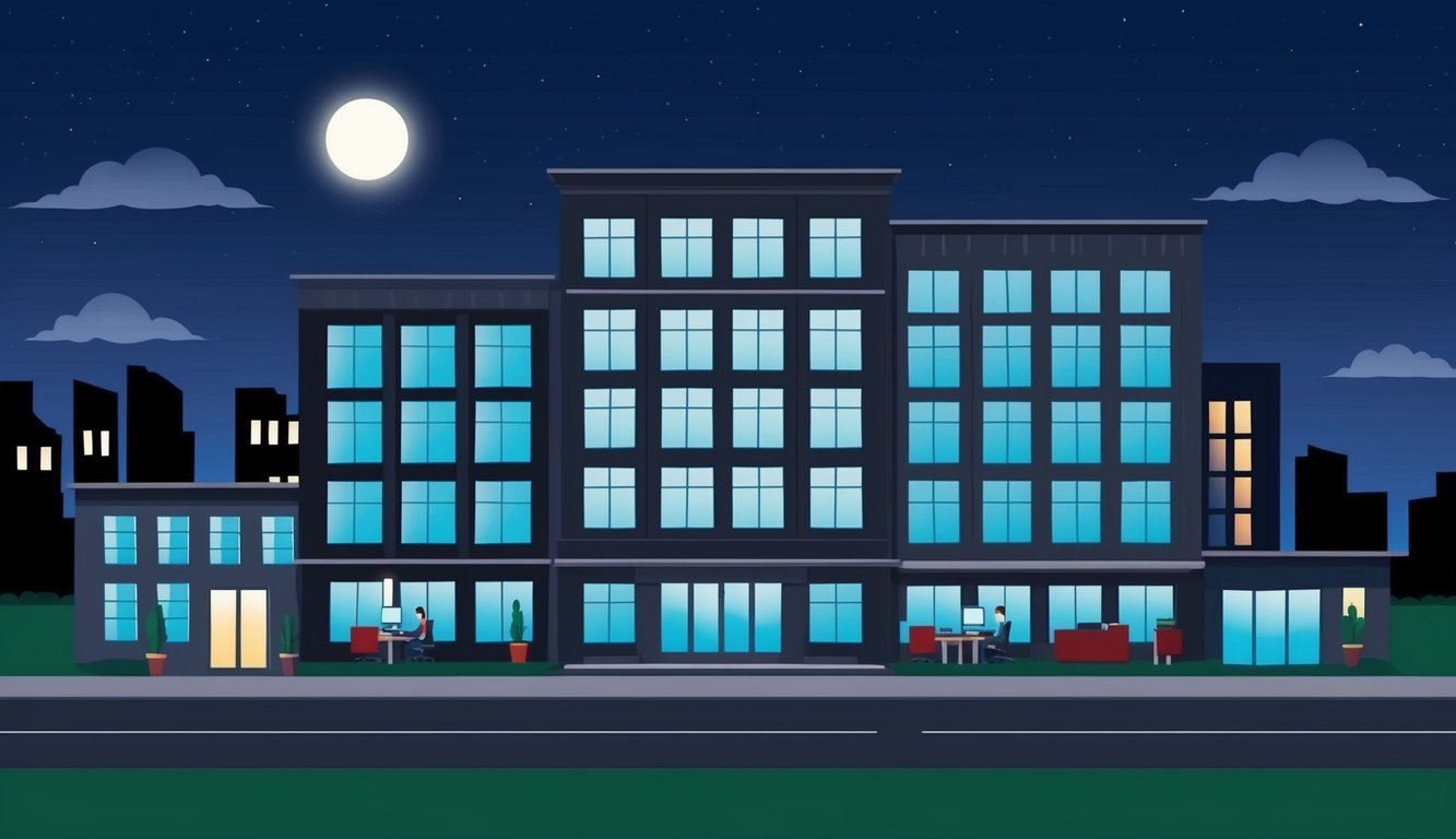 An empty office building at night, with a few lit windows indicating people working remotely