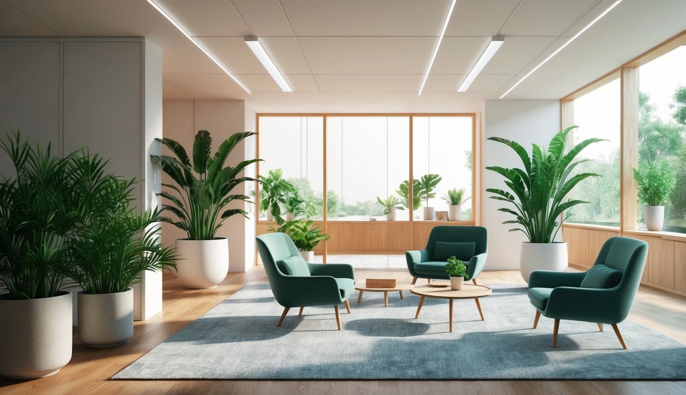 A tranquil office space with natural light, green plants, and comfortable seating areas to promote relaxation and focus