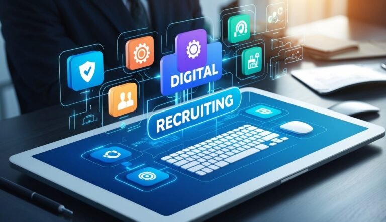 Digital recruiting concept with icons and tablet on a desk