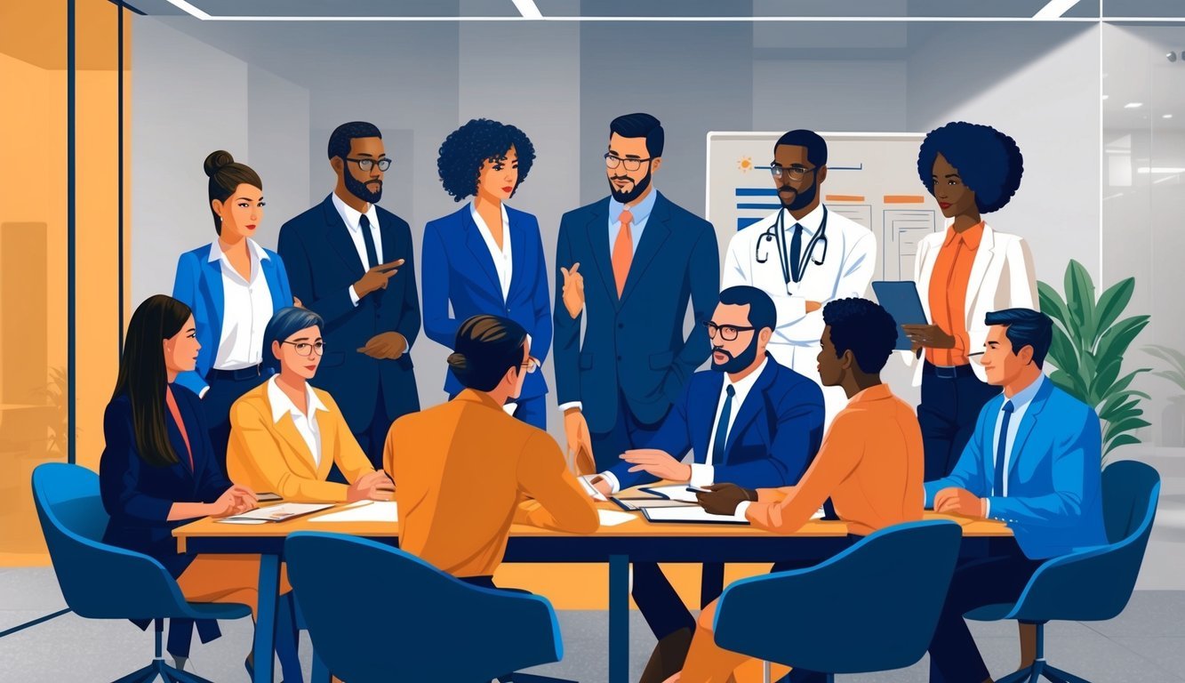 A group of diverse professionals discussing and problem-solving in a modern office setting