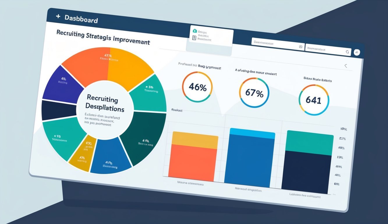 A sleek, modern dashboard with data visualizations and charts, showing key metrics for recruiting strategies and improvement