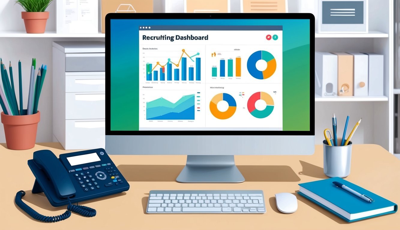 A computer screen displaying a recruiting dashboard with various charts and graphs, surrounded by a desk with a phone and office supplies