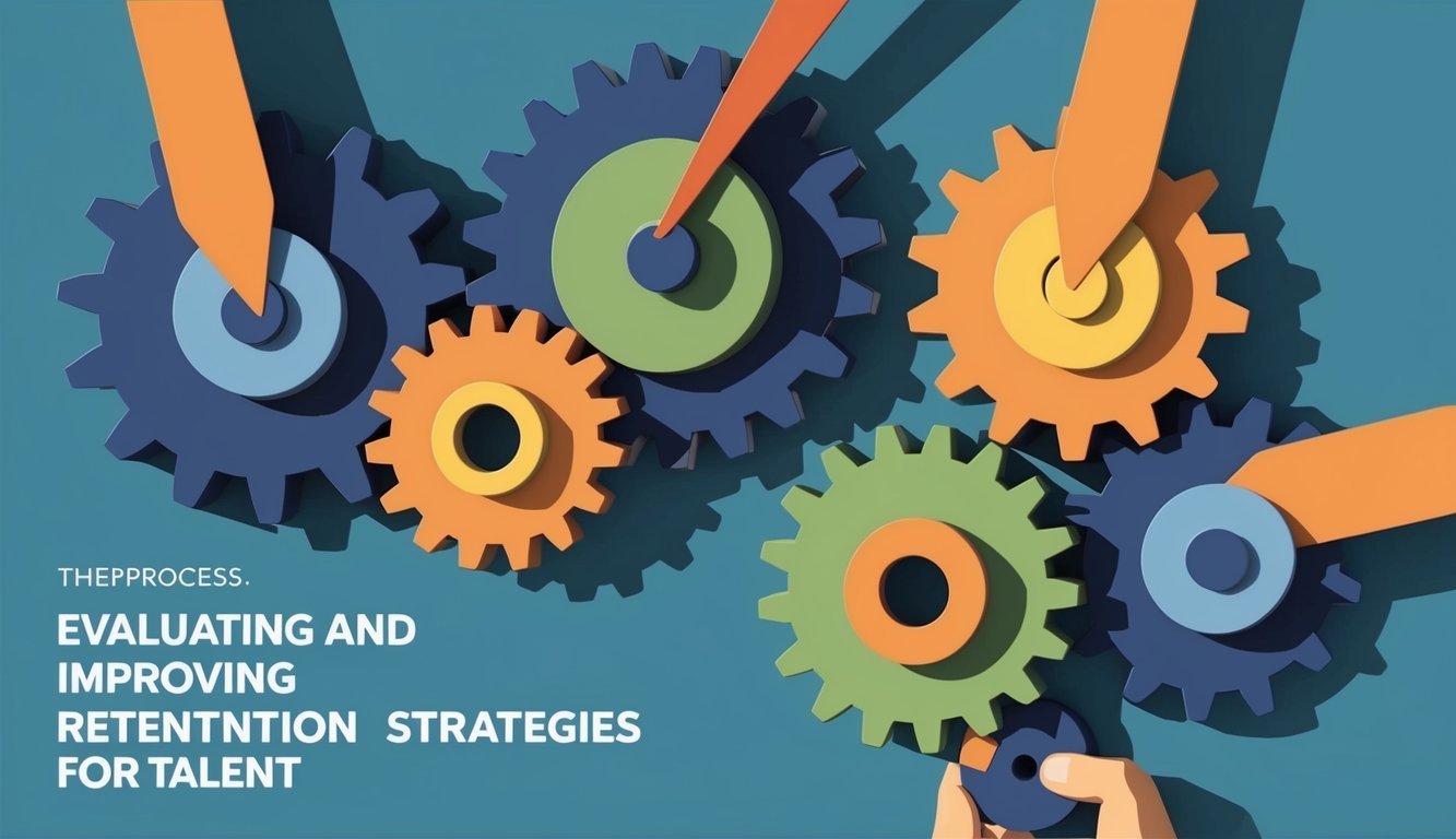 A group of interconnected gears working smoothly together, symbolizing the process of evaluating and improving retention strategies for talent