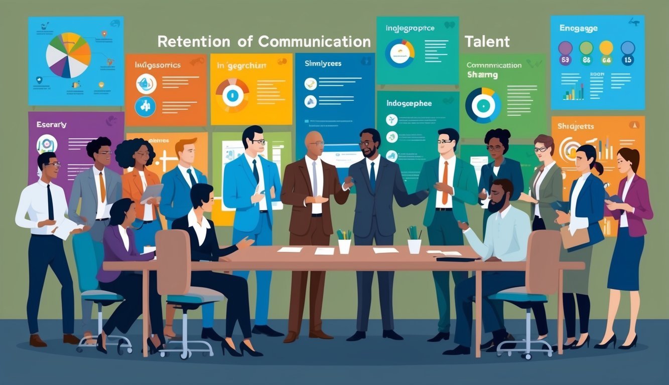 A group of diverse professionals engage in a discussion, surrounded by a wall of colorful and engaging infographics and charts, symbolizing the retention of talent through effective communication and knowledge sharing