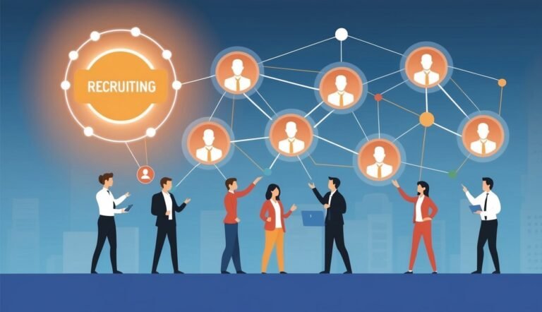 Recruiting concept with people, network of connections, and the word "Recruiting"