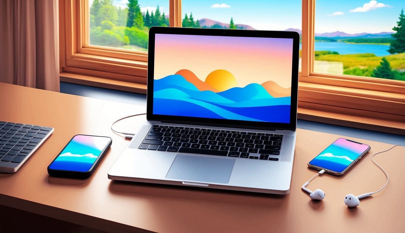 A laptop, smartphone, and a pair of earphones on a desk with a remote, scenic landscape visible through a window