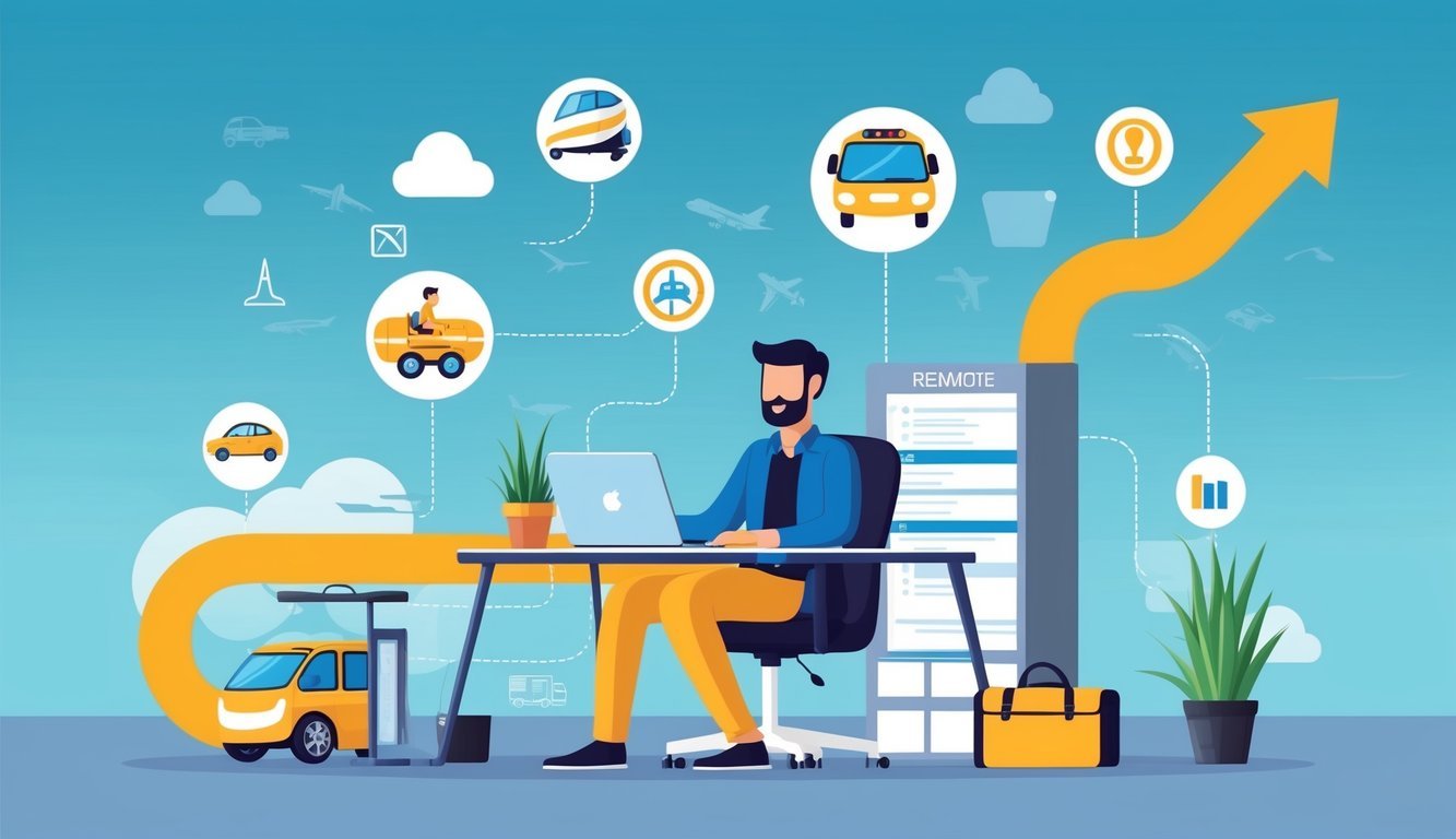 A remote worker at a desk, surrounded by transportation-related imagery and symbols, with a clear path leading upwards to represent career development and growth