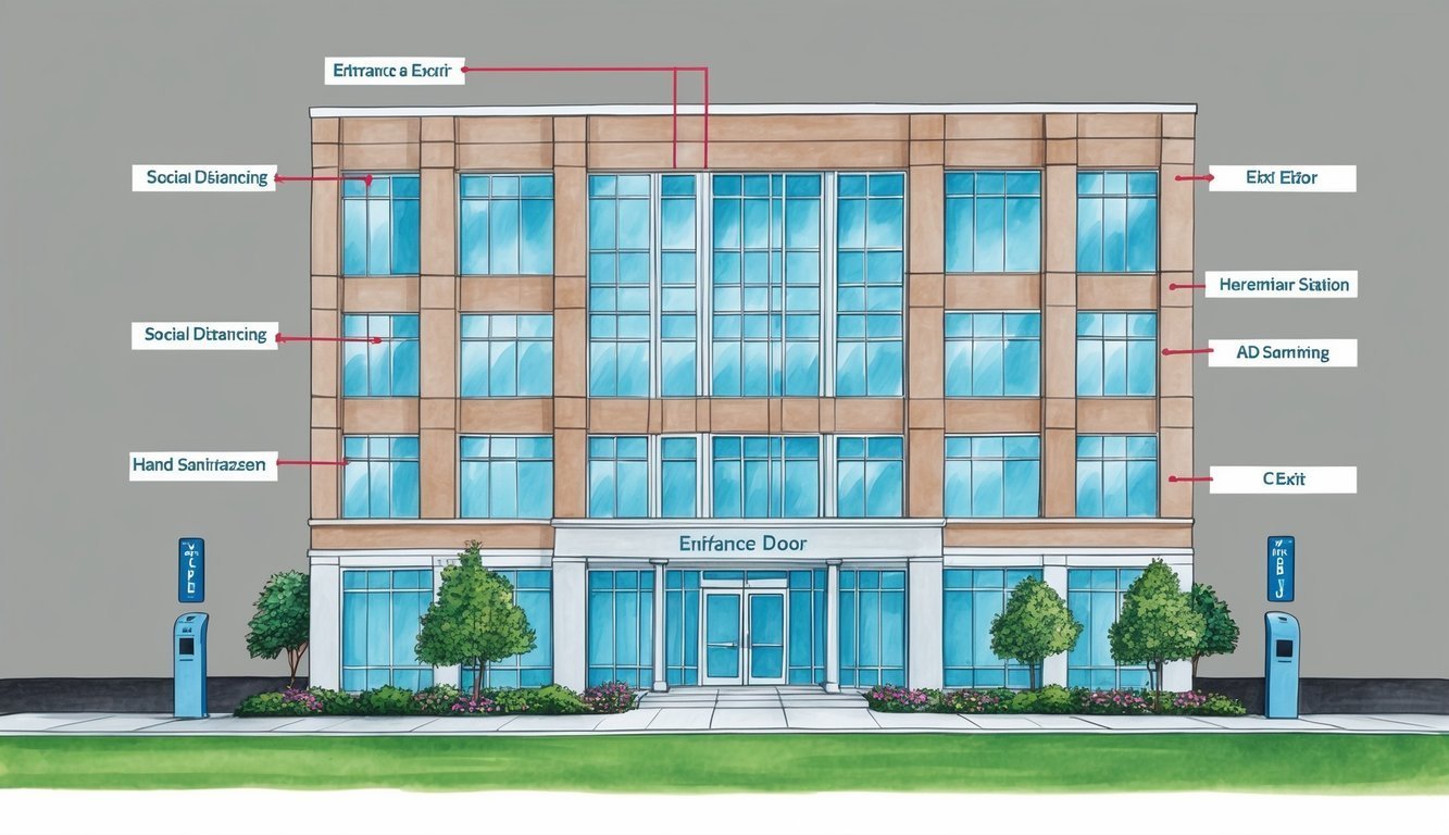 Illustration of a building with social distancing signs and entrance/exit labels