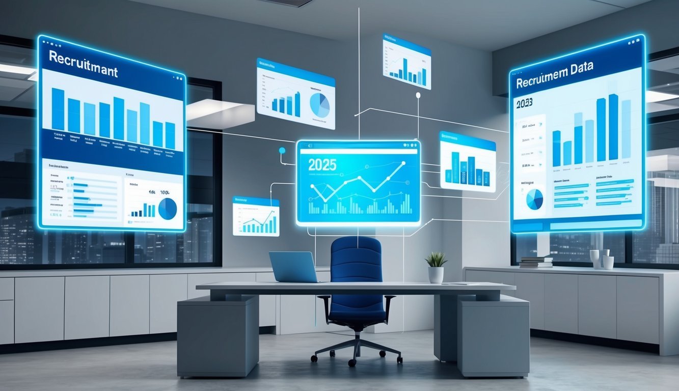 A futuristic office with holographic screens displaying recruitment data and analytics for 2025.</p><p>Graphs and charts hover in the air, showing trends and statistics