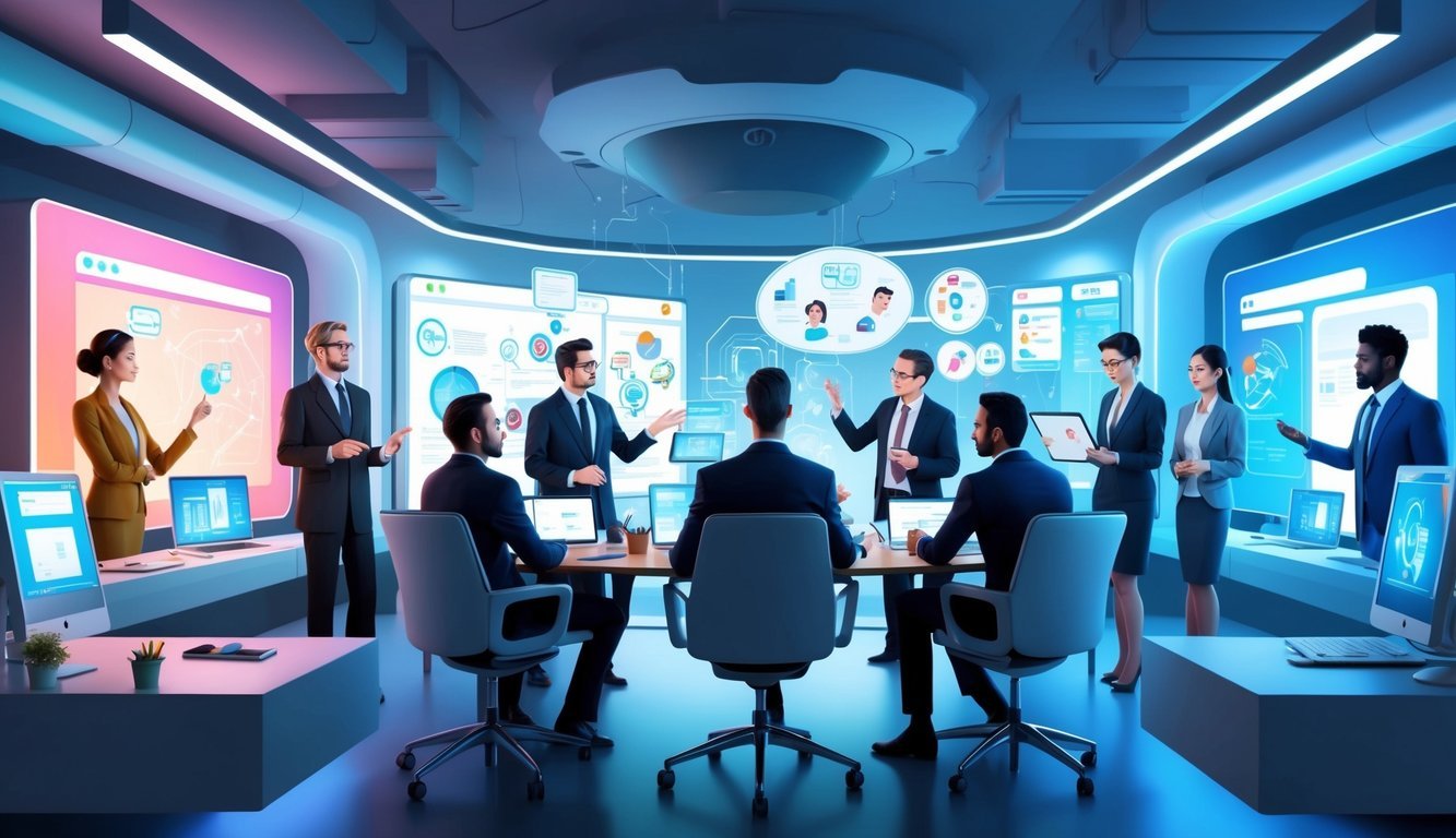 A futuristic office setting with a diverse group of professionals discussing and brainstorming ideas, surrounded by advanced technology and digital screens