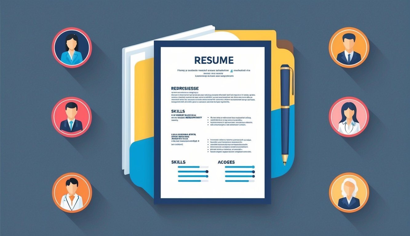 A resume surrounded by icons representing various professional skills and backgrounds