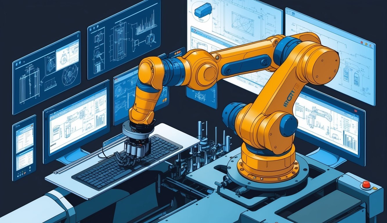 A robotic arm working on a complex machine, surrounded by technical drawings and computer screens